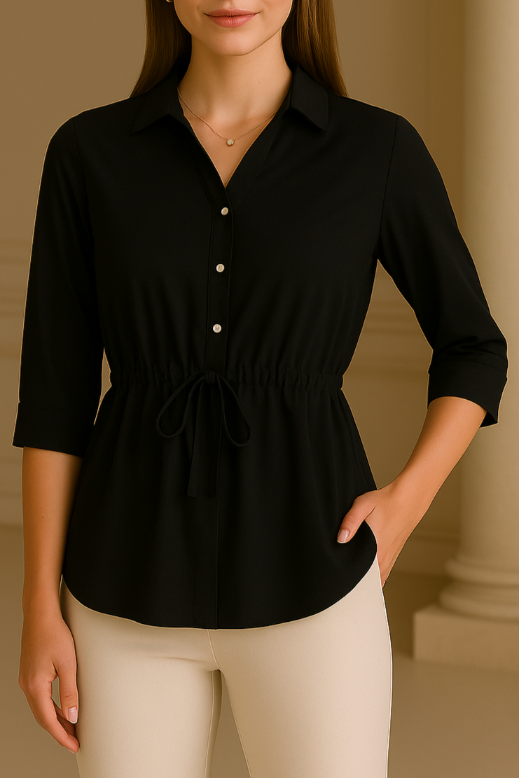 Elegante schwarze Bluse mit Knopfleiste und Taillengürtel