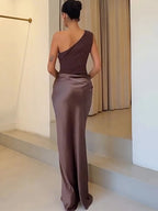 Velvet Mocha Elegance – One-Shoulder Satin Gown