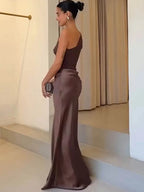 Velvet Mocha Elegance – One-Shoulder Satin Gown
